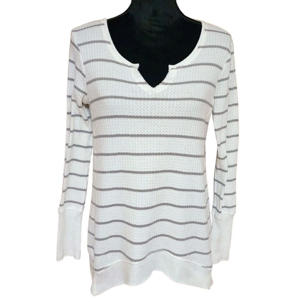 American Rag Cie Top Shirt Medium M White Gray Stripe Waffle Knit Lightweight